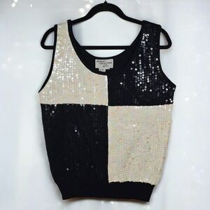 Regency Collection for Joyce Knit Tank Top Woman‎ Medium Black Cream Sequin VTG